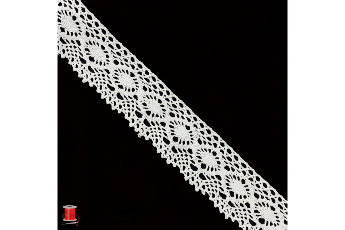 Кружево вязаное хлопковое шир.6,5 см арт.5052-2 цв.белый уп.45 м
